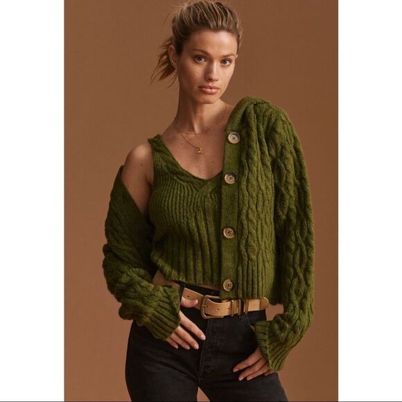 NEW Anthropologie Green Hooded Cable-Knit Cardigan Sweater Tank 2P Set XS Petite - Picture 1 of 9